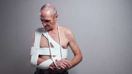 Injured senior man tied hard with white bandage on bare torso examines broken forearm standing at...