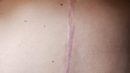 Surgery scar on female belly above navel. Long scar after surgery on female abdomen. Postoperative scar on woman skin caused by operation, extreme closeupの写真素材