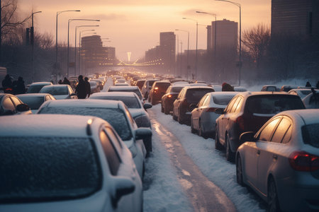 Long traffic jam on city street in winter time because of accident. Cars stand one by one waiting to move forward on road returning homeの素材