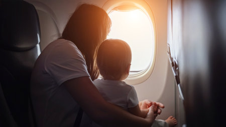 Joyful mother shows view from plane window to toddler girl. Child cradled in arms of mother as family embarks on memorable vacation together, sunlightの写真素材