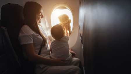 Mom takes flight and cradles toddler girl in arms. Toddler daughter joyfully plays with toy bear showing clouds memories during journey, sunlightの写真素材