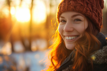 Young woman in knitted hat smiles against sunset in winter forest. Happy woman stands with cheeks flushed rosy from crisp winter air. Good moodの素材