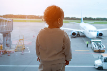 Concentrated toddler girl stands by panoramic window at airport. Fair-haired child looks at planes outside of terminal lobby waiting for flightの写真素材