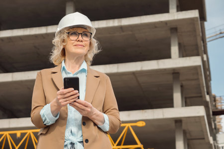 Blonde architect in protective helmet holds phone to call to client. Mature businesswoman reports about building process at construction siteの写真素材