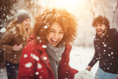 Happy active friends throwing snowballs in winter park during light snowfall. Teenagers play snowballs laughing out loud in winter forestの素材