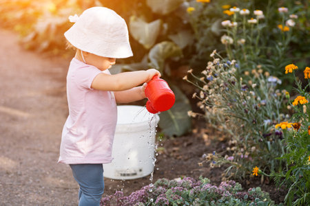 Little girl diligently waters ground in country house garden. Toddler girl concentratedly pours water from toy plastic watering can, sunlightの写真素材