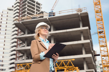 Mature lady architect supervises work on building site. Businesswoman in beige blazer explores unfinished building according construction planの写真素材