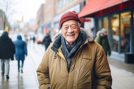 Senior man smiles standing on street among walking people. Elderly happy man in hat with scarf laughs alone in city center among shopsの素材