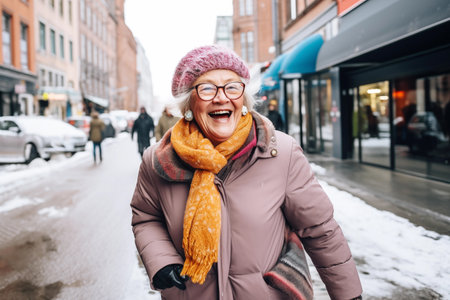 Elderly happy woman in glasses stands on snowy city street among local shops in winter. Old woman laughs having walk on winter vacation aloneの素材