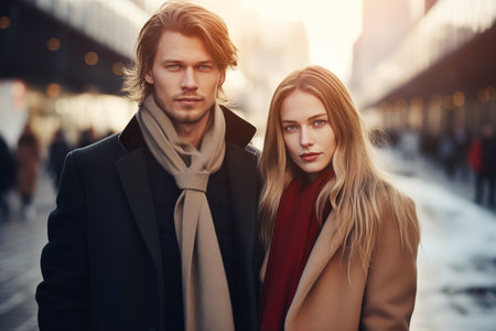 Loving couple strikes pose for romantic photo in heart of winter city. Young girlfriend and boyfriend embrace with city street on backgroundの素材