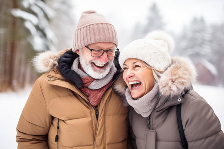 Middle-aged couple smiles during walk among snow covered trees. Grandfather and grandmother make jokes during weekends spending time togetherの素材
