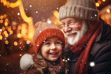 Grandfather hugs granddaughter against garlanded street on Christmas Day. Small girl smiles with grandpa during walk in winter eveningの素材