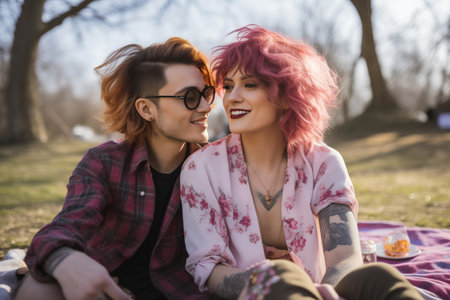Transgender couple enjoying Valentine Day picnic in forest. Lady admires beloved partner and person style of dress hugging during walk at countrysideの素材