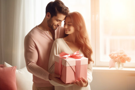 Young romantic lover couple of female and male partners holding present. Man arranged surprise for beloved lady in honour of joint holiday with big gift boxの素材