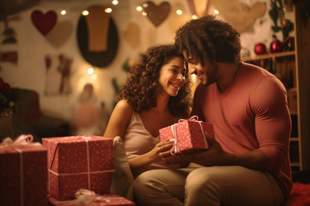 Interracial couple exchanging gifts on Valentine Day. African-American man expresses love for woman sitting at home in festively decorated roomの素材