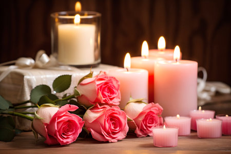 Romantic Valentine Day setting with burning candles and bouquet. Roses lie on table adding touch of romance to interior filling room with aroma of flowersの素材