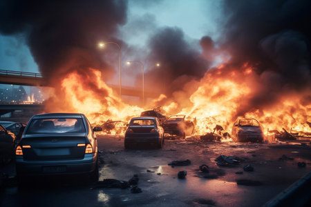 Cars on freeway burn intensely creating hazardous situation. Highway closed due to terrorist attack. Flames consume line of destroyed cars due to terrorist attack near bridgeの素材