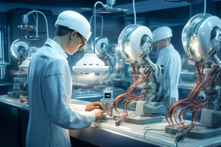 Robots calibrate and monitor brain preservation systems with unparalleled precision. Man scientist interacts with artificial intelligence at workの素材