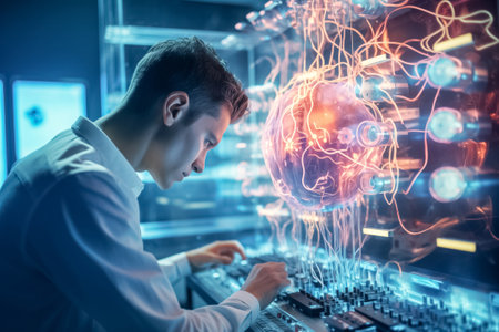 Young man engineer works on brain computer interface. Integration of neural signals and computational processes for enhanced human-machine interactionの素材