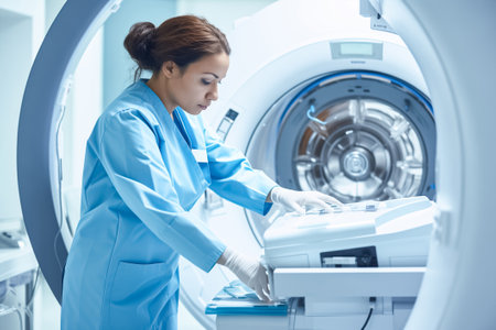 Scientist adjusts MRI machine for detailed neuroimaging. Woman doctor fine-tunes parameters to capture high-resolution images in clinicの素材