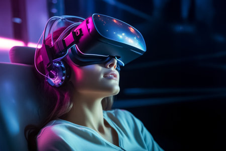 Woman patient uses neural interface for therapy in hospital. Integration of advanced technology of virtual reality in approach to treatment in modern clinicsの素材
