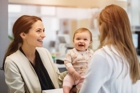 Young mother with cheerful baby consulting brown-haired doctor about health of daughter. Woman family doctor made hospital call for consultation, sunlightの素材