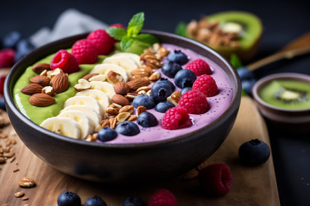 Preparing vegan smoothie in bowl with fresh raw berries closeup. Blueberries strawberries and raspberries blend seamlessly with plant-based ingredients, close-upの素材
