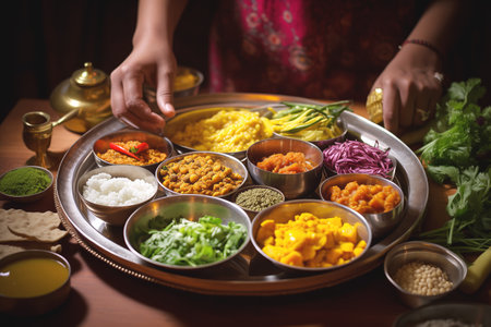Woman chef prepares traditional vegetarian Indian thali. Woman culinary artist demonstrates diverse array of flavours and textures in small bowls on plateの素材