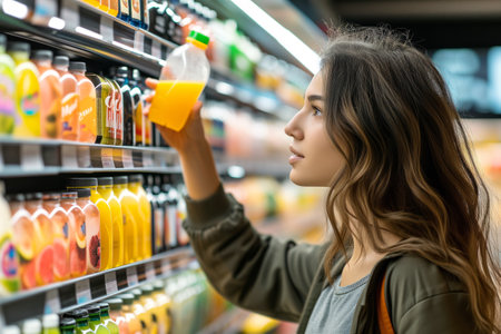Woman reaches for healthy bottle of juice on shelf in shop. Woman hand extending towards brightly colored beverage promising nutritious experienceの素材