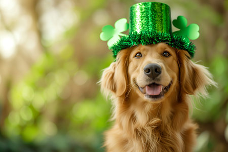 Funny cute dog wearing green Saint Patrick Day hat. Charming Labrador retriever in festive hat with shamrocks. Concept of Saint Patrick Dayの素材