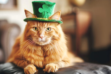 Cute red cat wearing green Saint Patrick Day hat. Charming pet in festive leprechaun hat with shamrock waits for festive celebrationの素材