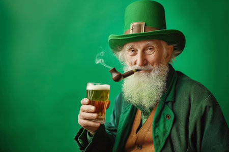 Senior bearded man smoking pipe holds glass of beer on green background. Funny man with smiling eyes in leprechaun hat celebrates Saint Patrick Dayの素材