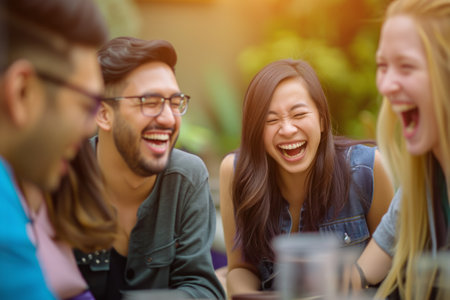 Group of happy friends students sharing hearty laugh over funny joke together. Young people engage in playful tricks celebrating April Fools Day, sunlightの素材