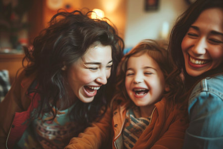 Happy family members of different ages rest at home laughing as boy shouting April Fool. Little child adds excitement by playing practical jokes on parentsの素材