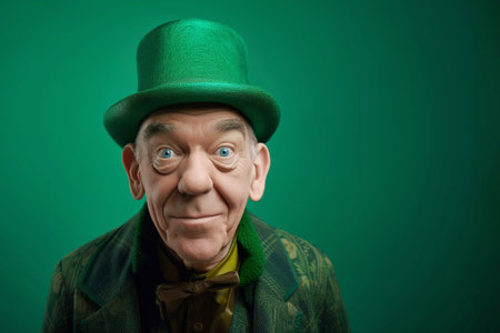 Funny mature man with big head and bulging eyes in green hat stands against color backdrop. Creative invitation to Saint Patrick Day party for friendsの素材