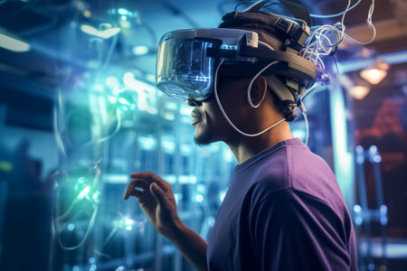 Man patient uses neural interface for virtual reality therapy. Picture in VR digital glasses provides man dynamic platform for rehabilitationの素材