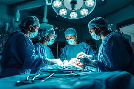 Medical team and robot-hand perform brain surgery in clinic. Exemplifying synergy of human expertise and robotic precision in realm of neurosurgical interventionsの素材