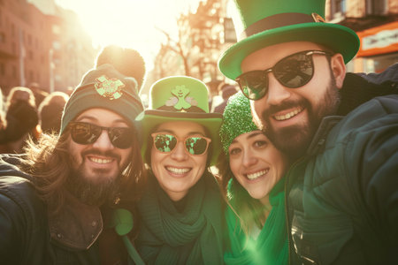 Outdoor selfie moment with friends wearing green hats and sunglasses. Cheerful people enjoy Saint Patrick Day festival on sunny spring dayの素材