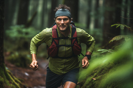 Trail runner on vegan diet conquers challenging terrains with boundless energy. Power of plant-based nutrition in enhancing athletic performanceの素材