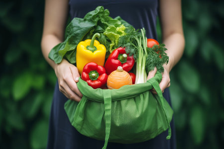 Woman holds bag overflown with assortment of vegetables and leafy greens. Dedication to nourishing body with healthful plant-based choices, close-upの素材