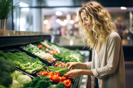 Young woman does shopping in supermarket choosing vegetables. Blonde woman hands skimming over vibrant greens and colorful products in shopの素材