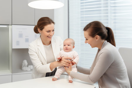 Mother seeks advice from caring family doctor regarding young daughter. Baby daughter sits in arms of mother unaware of unfolding conversationの素材