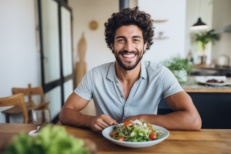 Bearded man enjoys healthy vegetarian dish at home. Young man likes simplicity and nourishment of organic vegetarian dish during lunch timeの素材