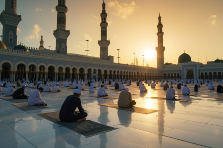Men come to Medina mosque for Friday praying before sunrise. Men hearts filled with gratitude to be in sacred space surrounded by fellow believersの素材