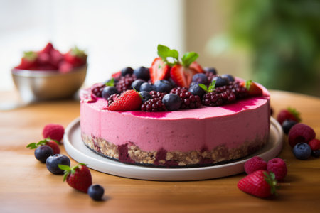 Assembling raw vegan berry cake on table for health-conscious client. Each layer contributes to delightful balance of flavors and texturesの素材