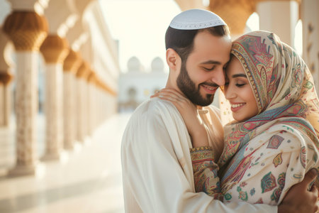Happy Muslim couple embraces each other against mosque columns. Married man and woman share moment with spirits uplifted by sanctity of surroundingsの素材