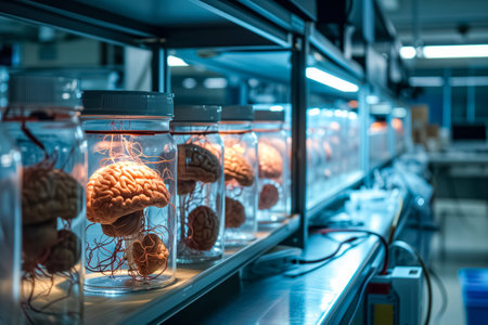 Glass jars contain brains connected to sophisticated system via wires. Synergy between organic complexity of brains and artificial connectivity, close-upの素材