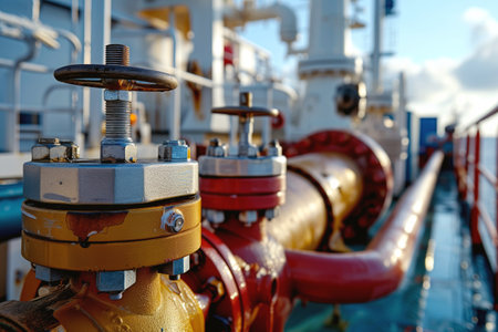 Deck of oil tanker with tubes and pipes keeping liquid. Pipes connect various compartments and storage tanks for storing liquid cargoの素材