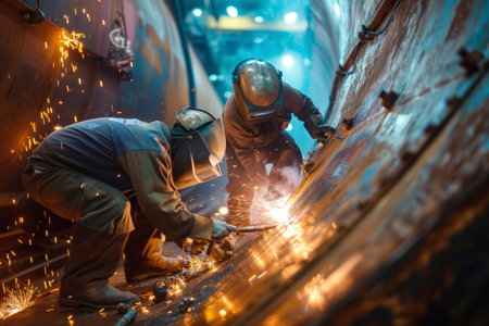 Team of welders and fabricators in process of ship repairing. Men in protective gear employ expertise to restore vessel to seaworthy conditionの素材