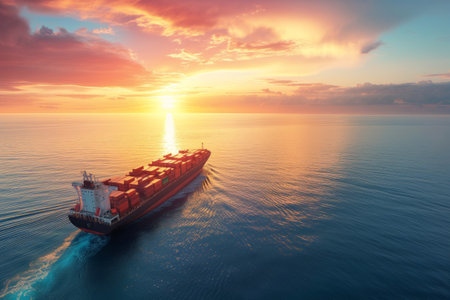 Cargo vessel glides through water surface at sunset. Intricate web of trade and commerce with goods and resources flowing across bordersの素材